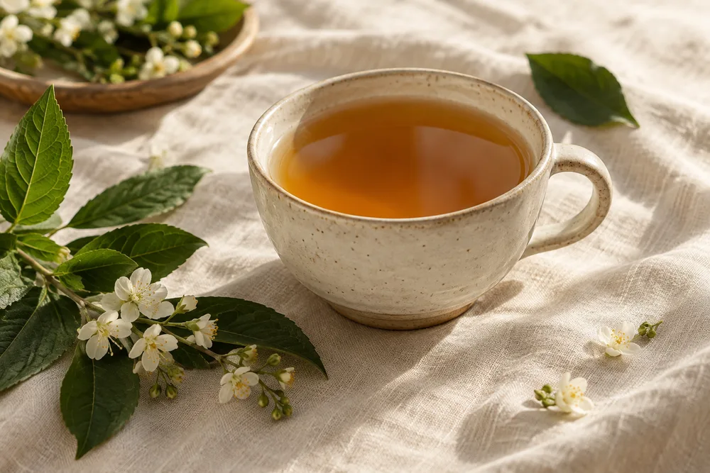 Uma xícara de chá com folhas e flores, sobre tecido claro